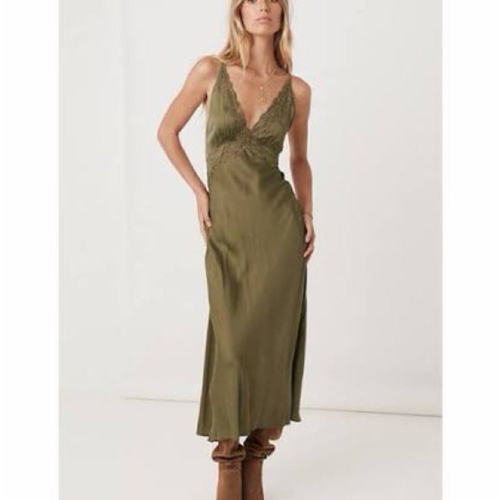 Spell Boudoir Lace Long Slip Dress Green